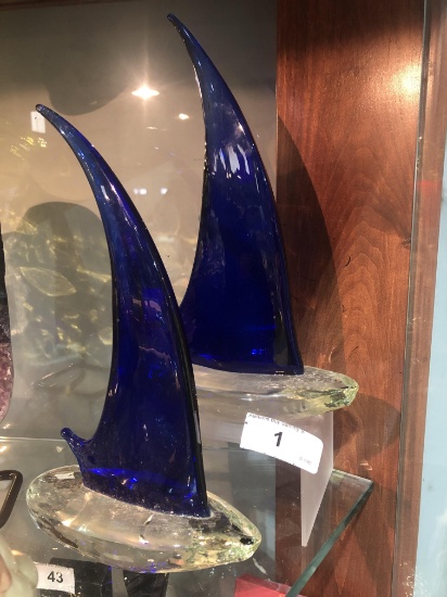 2 Art Glass Cobalt & Clear Sailing Ships
