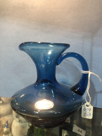 Small Hand Blown Blue Glass Pitcher w/ Label