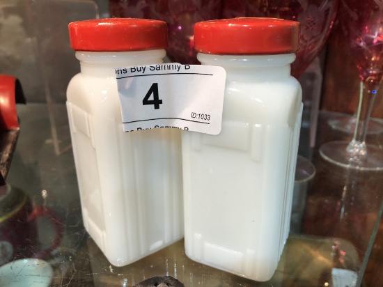 2 Milk Glass Spice Bottles w/ Red Lids