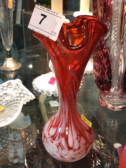Red Art Glass Vase w/ Paper Label
