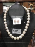 Large Real 18 Inch Pearl Necklace, Stud Earrings