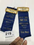 2 - 1922 First Place Swim Pins w/ Ribbons