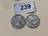 2  Ben Franklin Silver Half Dollars 1961 D, 1959 D