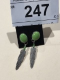 Sterling Feather and Green Stone Earrings