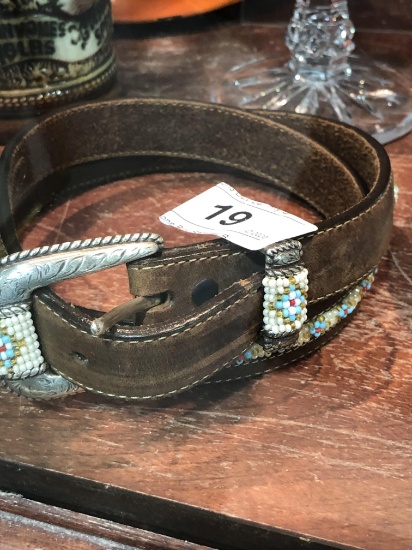 32" Leather Belt w/ Beading & Beaded Buckle