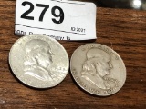 2 Silver Franklin 1/2 Dollar Coins  1962 S, 1957 D
