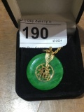 Green Circle Stone w/ Gold Toned Design on Chain