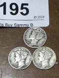 3      .9 Silver Mercury Dimes 1941P, 1943P, 1944P