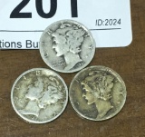 3 Mercury Dimes - 1941D, 1942 P, 1945 D