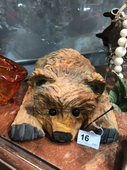 Hand Carved Wood Bear Laying Down