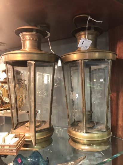 2 Brass w/ Etched Glass Candle Lanterns