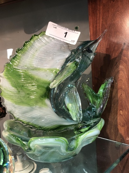 Green & White Art Glass Sail Fish and Bowl