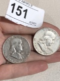 2 Silver 1/2 Dollar Ben Franklin Coins 1952S , 54D