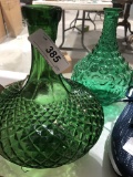 2 vintage green glass decanters