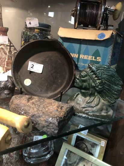 Wagner Frying Pan, Indian Bookend & End Iron