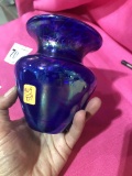 Signed Iridescent Blue Art Glass Vase