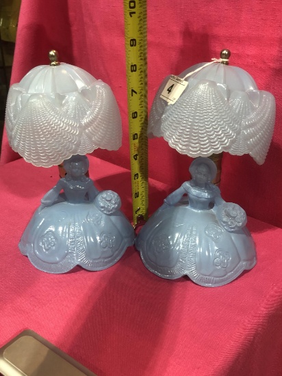 Pair of Victorian Lady Blue Boudoir Lamps