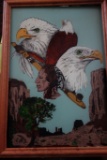 Eagle, Indian And Pipe Art Painted Glass With Oak Frame