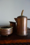 Copper Pitcher With Horn Or Antler Handle, Copper Creamer And Copper Ashtray