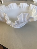 Vintage Fluted Ruffled Hobnail Milk Glass Bowl