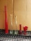 Five Glass Bottles and Vases, Clear and Red 7-24 in tall