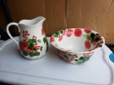 Red Geraniums Pitcher and Bowl