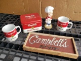 Campbell's Lot, 2 cups, sign, tin and bobblehead