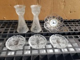 Glass Candlesticks, Clock, Crystal dishes
