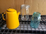Yellow Metal Pitcher and 2 Glass Jars