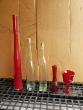 Five Glass Bottles and Vases, Clear and Red 7-24 in tall