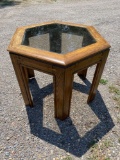 Hexagon End Table, wood and glass, 21 in high x 25x29 inches wide