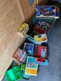 Tote of Old Toys - puzzles, construction sets, lights alive, more vintage