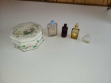 Antique Honeysuckle tin w 4 perfume bottles