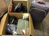 Suitcase with clothes,2 boxes clothes,sunglass and eyeglass cases,bag, Game,small guitar,hats
