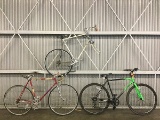 3 bikes, THE REALM 700 hybrid, peugeot, raleigh USA, wheel missing