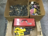 1 pallet of chains, pulleys, toolbox, dewalt power tools