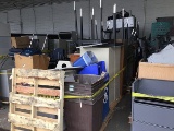6 PALLETS OF TRASH RECEPTACLES, TABLES, SHELVES, DRAWERS