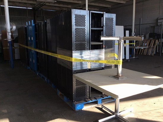 6 PALLETS OF METAL SHELVES, LOCKERS & 2 TABLES