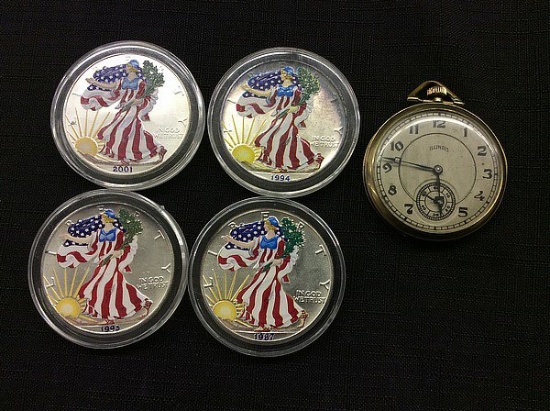 4 U S one dollar coins,years 1987,1993,1994,2001, And an illinois pocket watch