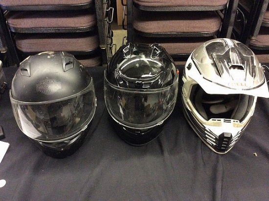 3 motorcycle helmets,harley davidson,fuel and bell, Sizes small,xl,and large