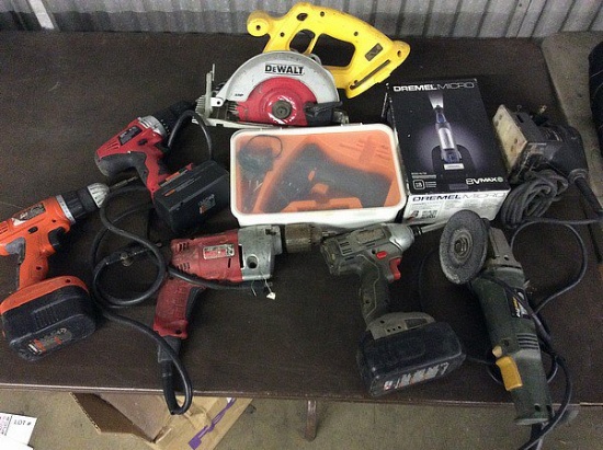 Box  of cordless and power drills,grinder,dremel, Sander,saw