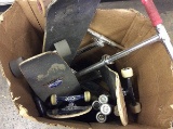 Box with 4 skateboards,2 razor scooters,5 baseball bats,golf club