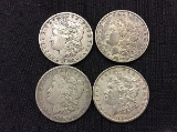 4 U S one dollar coins,years 1883,1882,1889,1886