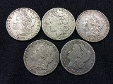 5 U S one dollar coins,years 1881,1878,1887,1901,1900