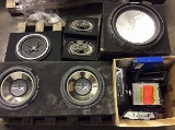 Pallet of vehicle speaker boxes,box of power amps and car stereos