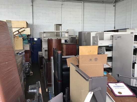 5 Pallets of Metal Filing Cabinets, Sofa Chairs, and Desks