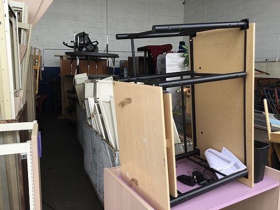 Desks, 2 Crates of Metal Shelving, & Chairs