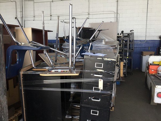 4 Pallets of Desks, Filing Cabinets, Tables & AV Carts