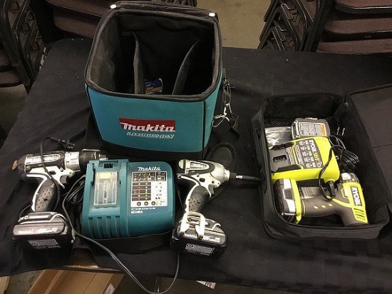 Mikita 2 cordless drills with batteries,bag and charger, And ryobi drill with battery and charger