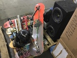 Pallet with skateboards,baseball bats,snowboard,crossbow, Vehicle speaker box,motorcycle helmet,car